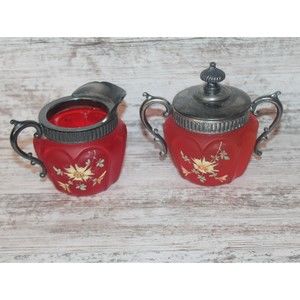 Antique Victorian Cream and Sugar Jars Pigeon Blood Glass Cranberry Red